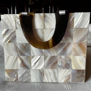 Mini White Mosaic Handbag with Iridescent Tiles and Dark Handle